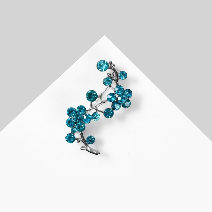Брошь &laquo;Цветы&raquo; ветвь яблони, цвет голубой в серебре