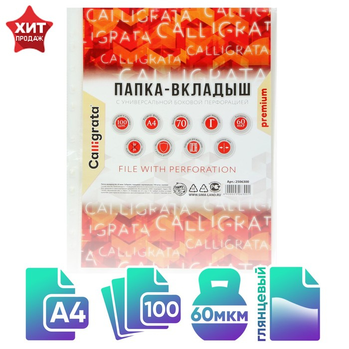 Файл-вкладыш А4, 60 мкм, Calligrata, плотные, глянцевый, вертикальный, 100 штук Файл-вкладыш А4, 60 мкм, Calligrata, плотные, глянцевый, вертикальный, 100 штук