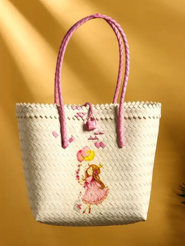 Сумка плетёная на застёжке &laquo;Девочка с букетом&raquo;, 40&times;10&times;55 см, пластик, бело-розовая