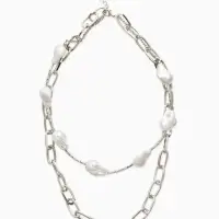 Колье "Жемчуг" борокко, цепь, 2 яруса, цвет белый в серебре