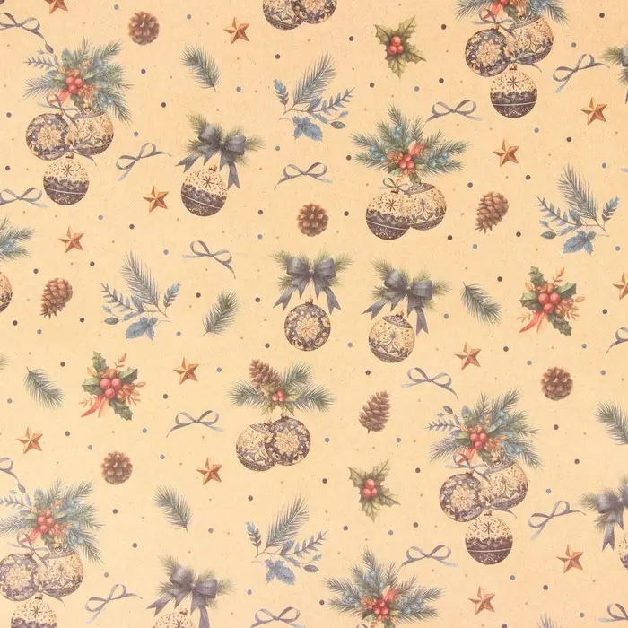 Бумага упаковочная новогодняя &laquo;Рождественские игрушки&raquo;, бурый крафт, 80 г/м&sup2; , 50&times;70 см