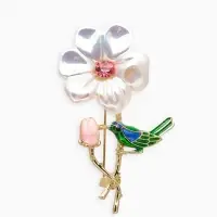 Брошь "Цветок" с птичкой, цветная в золоте