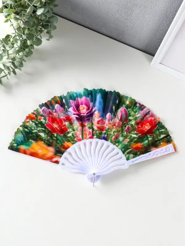 Веер пластик, текстиль "Пластилиновые цветы" МИКС 23 см