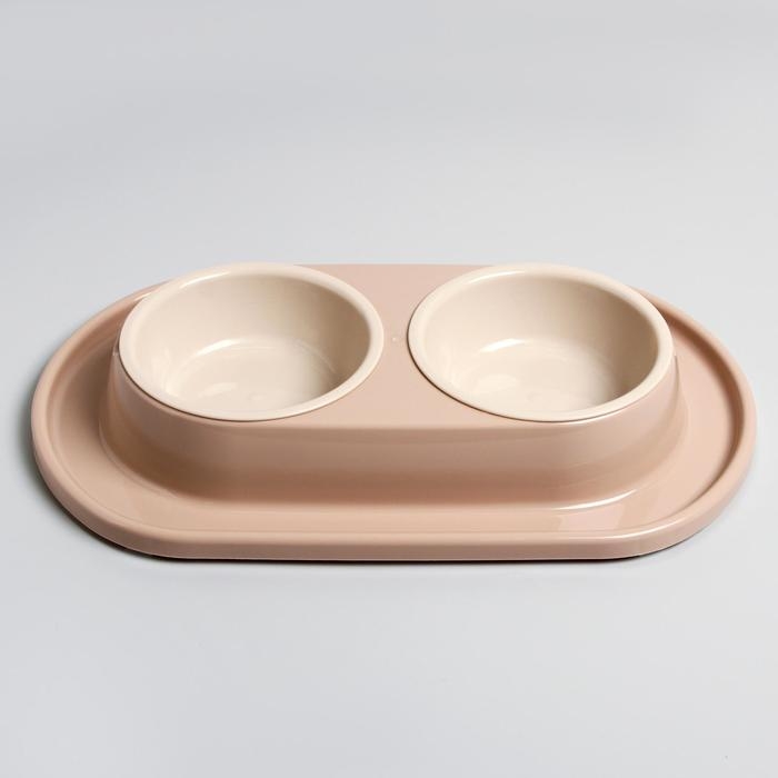 Миска для животных "Мур-мяу" 0,3л двойная на подставке, бежевая
