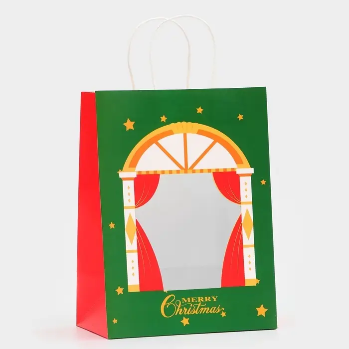 Пакет подарочный бумажный с окном &laquo;Театр&raquo; 30&times;22&times;14 см, крафт зеленый