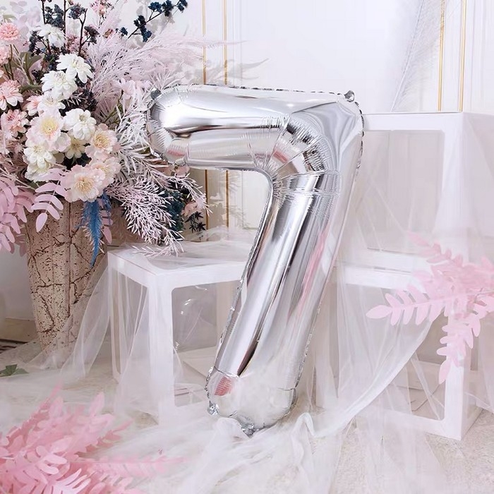 Шар фольгированный 40", цифра 7, цвет серебряный