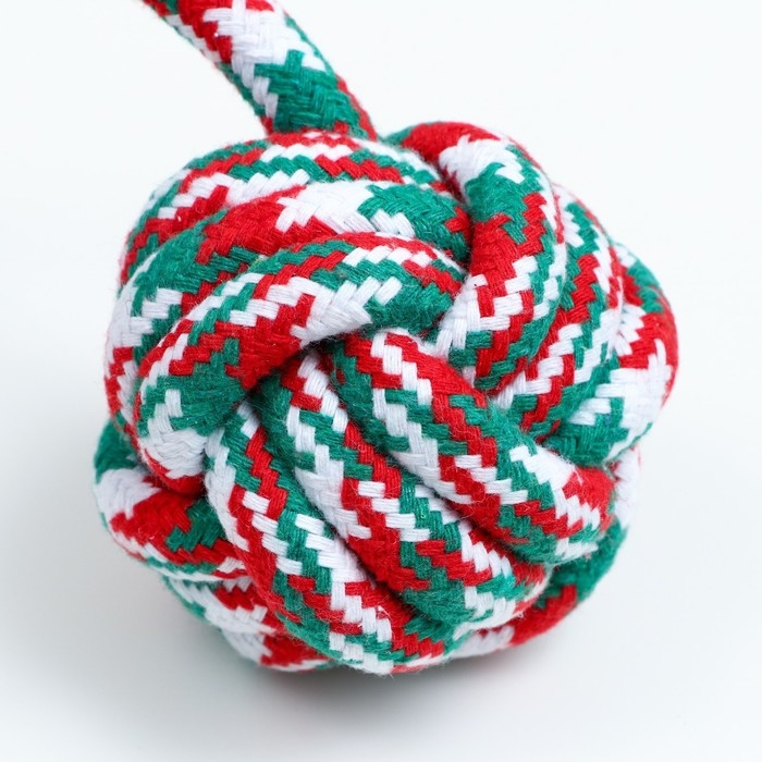 Игрушка канатная "Мяч с ручками" для крупных собак, до 105 г, до 42 см, красно-бело-зелёная