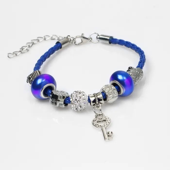 Браслет ассорти &laquo;Марджери&raquo; бусины с ключиком, цвет бело-синий в серебре, L=19 см