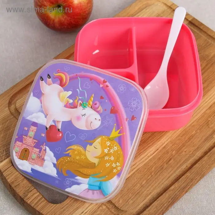 Ланч - бокс квадратный с секциями и ложкой &laquo;Единорог&raquo;, 400 мл
