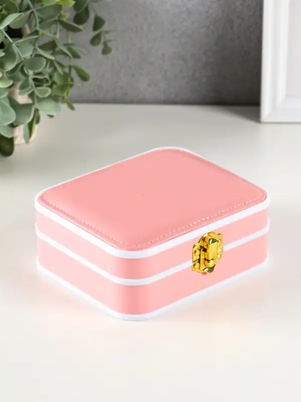 Шкатулка пластик, кожзам для украшений 6 ячеек, 10 полос, персик 13,5х11,5х5,5 см