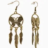 Серьги метал "Аутентичность" бабочка с перьями, цвет чернёное золото