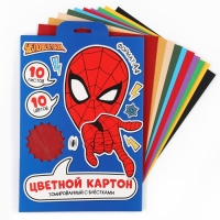 Картон цветной с блёстками, А4, 10 листов, 10 цветов, немелованный, двусторонний, в папке, 250 г/м&sup2;, Человек-паук