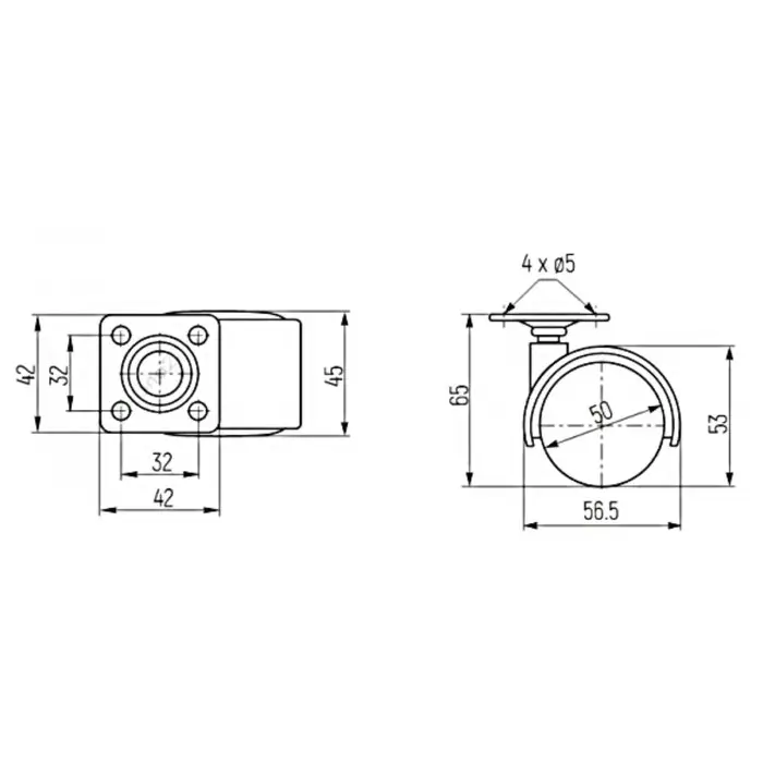 Колесо мебельное, d=50 мм, на площадке, без тормоза