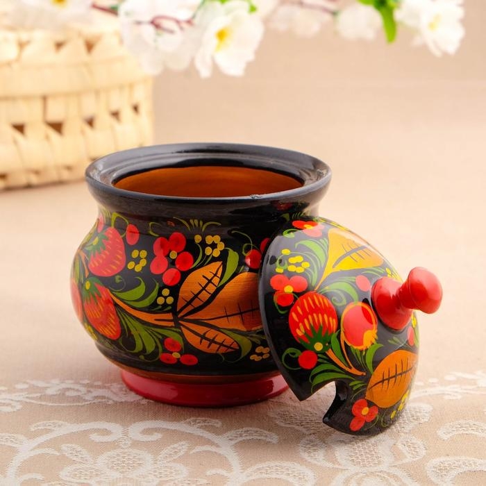 Сахарница дерево хохлома &laquo;Ягодка&raquo; с ложкой, 10.5&times;11 см