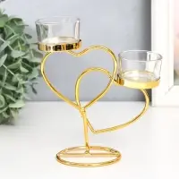 Подсвечник металл, стекло на 2 свечи "Два сердца" d-4,5 см золото 14х6,5х17,5 см