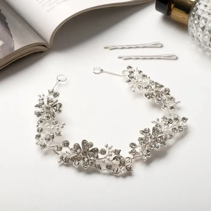 Аксессуар для волос &laquo;Долорес&raquo;, цветы веточки капельки, 23.5&times;2 см, серебро