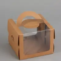 Коробка под бенто-торт с окном, КРАФТ 16 х 16 х 12,5 см