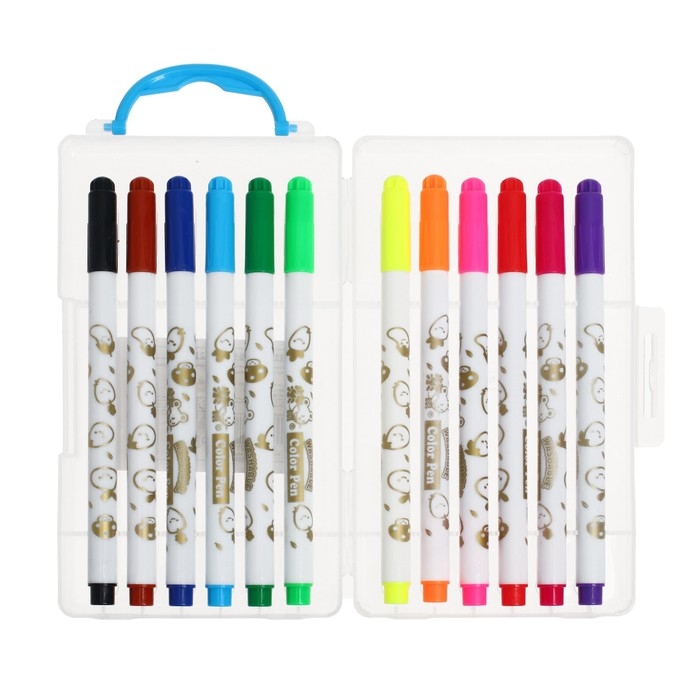 Фломастеры 12 цветов "Мышка", в пластиковом пенале с ручкой, вентрилируемый колпачок, МИКС