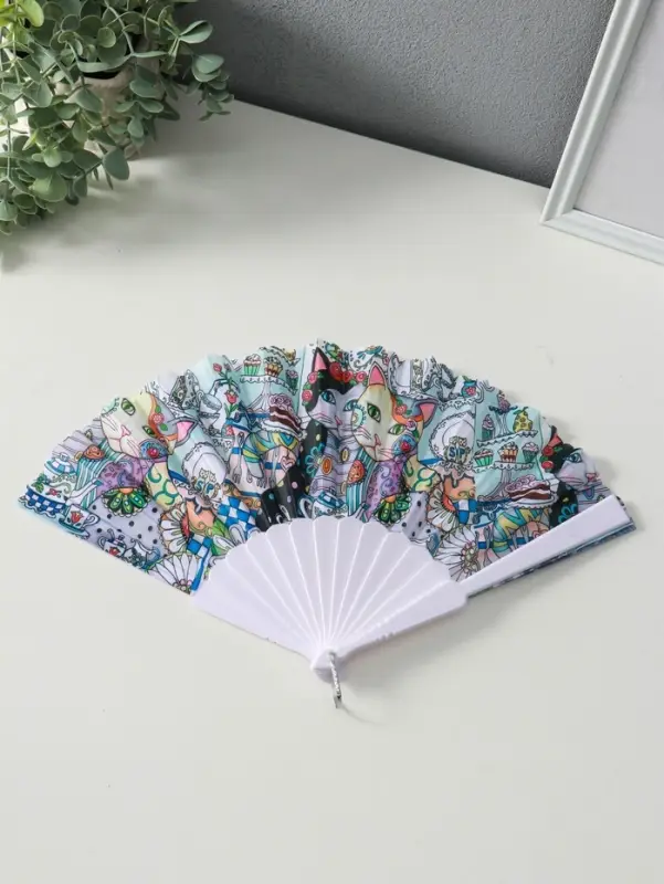 Веер пластик, текстиль "Котики. Цветочная абстракция" МИКС широкие лопасти 23 см