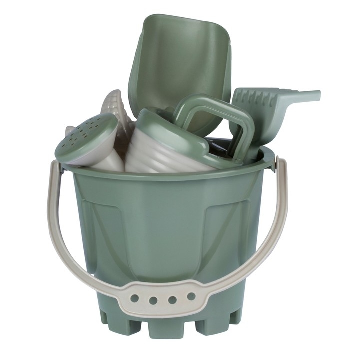 Песочный набор: ведро 1,2 л, лопатка, грабли, 4 формочки, лейка 0,2 л, бледно-зелёный