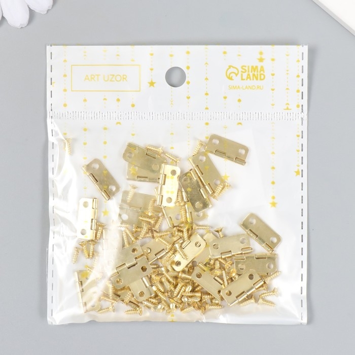 Петля для шкатулки металл с закругленными углами золото + саморезы набор 25 шт 1,6х1,3 см