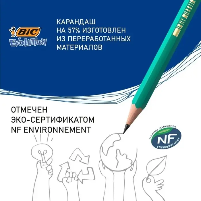 Карандаш чернографитный (простой) НВ, BIC Evolution, заточенный, пластик, без ластика, шестигранный, зелёный корпус