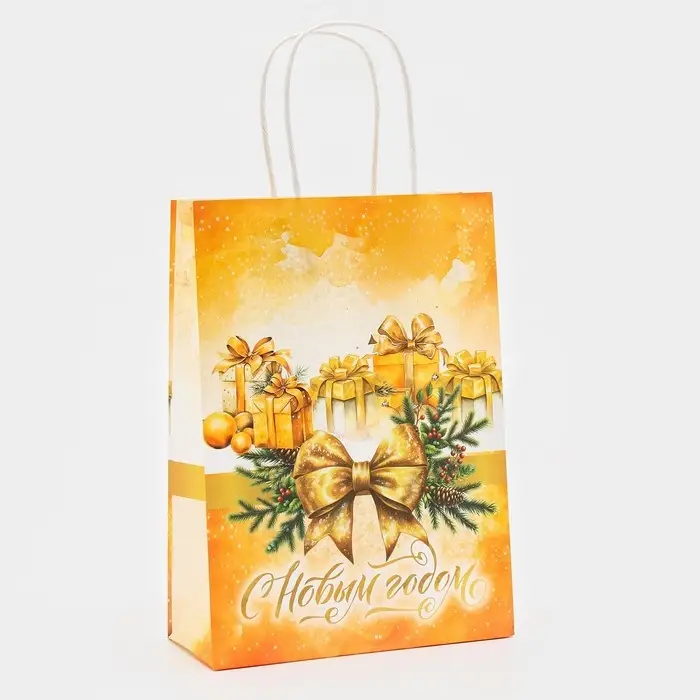 Пакет бумажный подарочный новогодний крафт &laquo;Новогодний бант&raquo; 18&times;8&times;25 см
