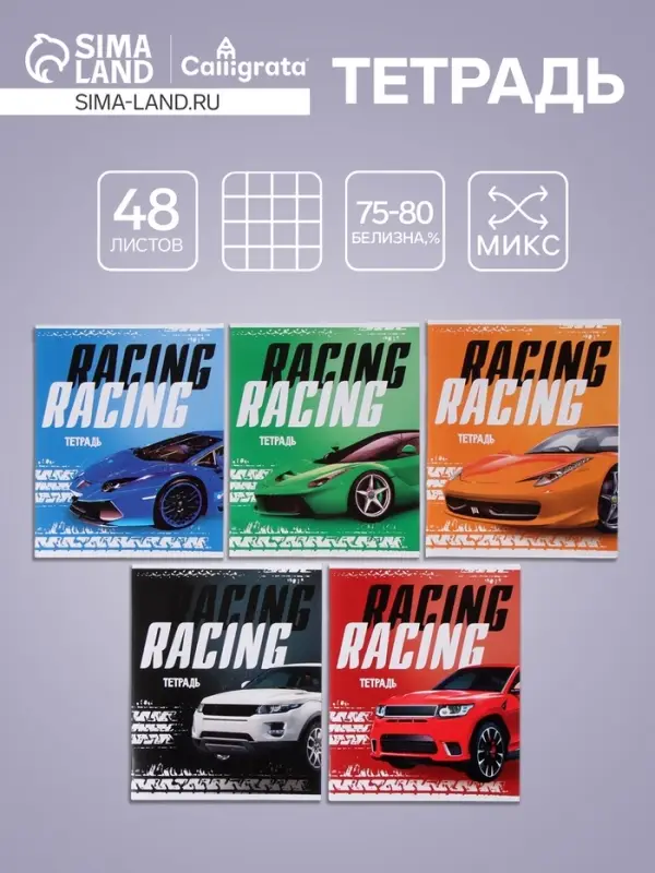 Тетрадь 48 листов в клетку, Calligrata, Racing Defender, обложка мелованная бумага, серые листы, МИКС