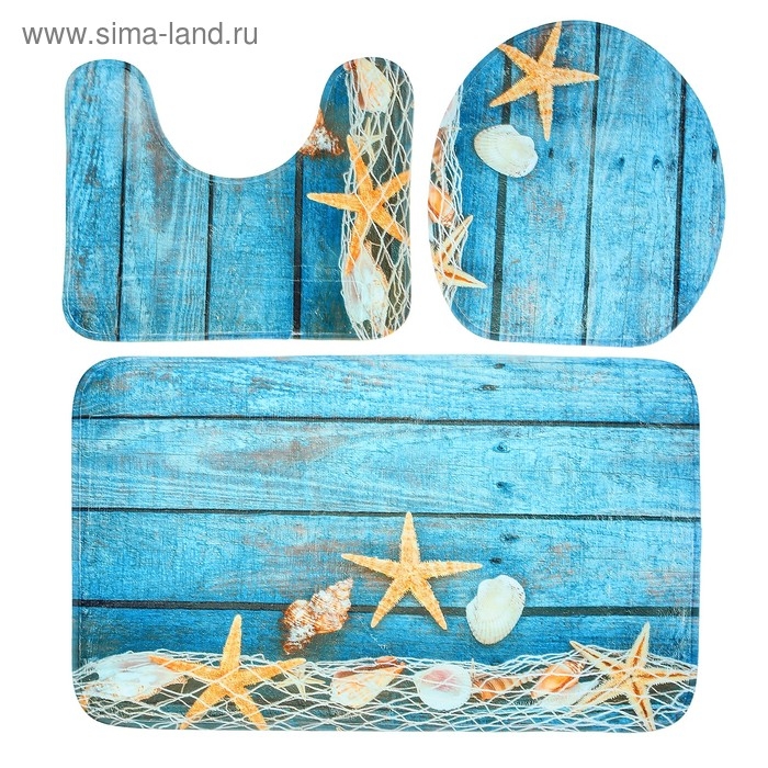 Набор ковриков для ванной и туалета Доляна &laquo;Морские звёзды&raquo;, 3 шт: 35&times;39, 40&times;50, 45&times;75 см