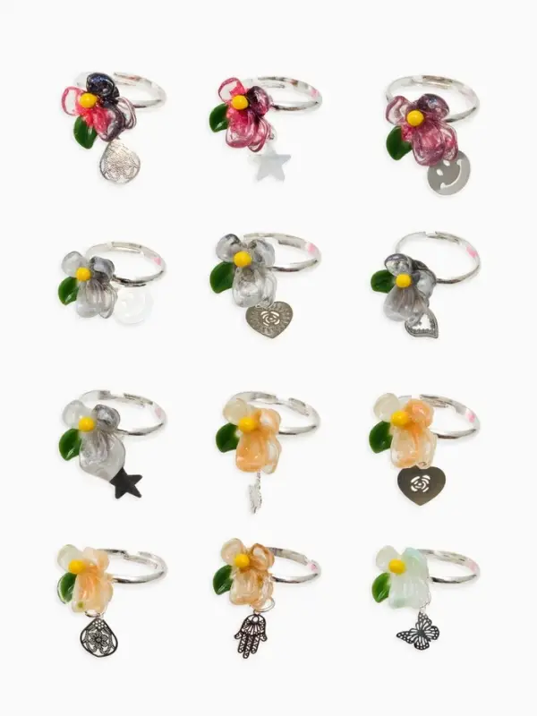 Кольцо &laquo;Выбражулька&raquo; цветок с подвеской, МИКС, безразмерное (фас. 36 шт.)