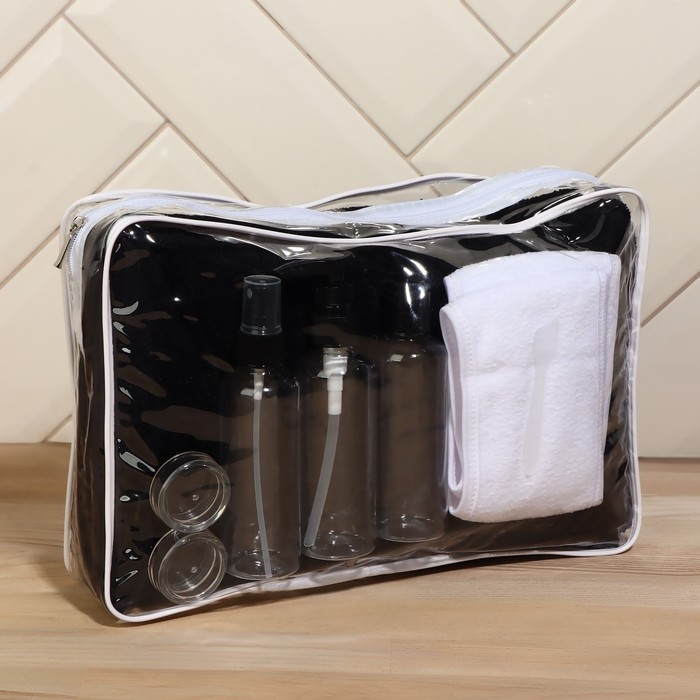 Набор банный, в косметичке, 8 предметов (полотенце 70 &times; 140 см, бутылочки 3 шт, баночки 2 шт, повязка на голову, лопатка), цвет МИКС