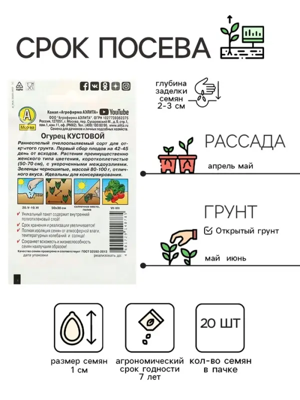 Семена Огурец "Кустовой" "Лидер", 20 шт,