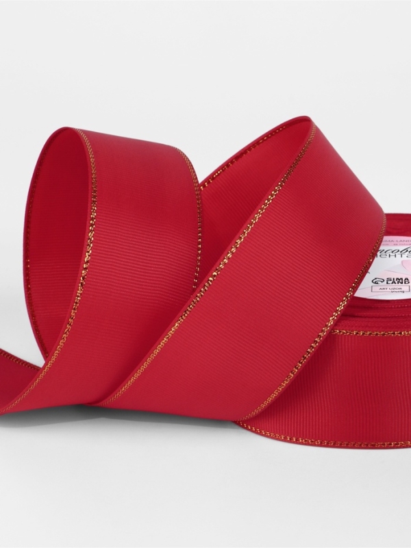 Лента репсовая 40мм*25&plusmn;1ярд(23м&plusmn;1м) золотые нити №026 красный АУ