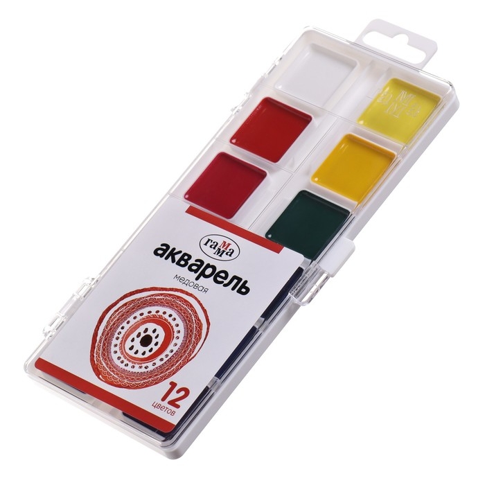 Акварель 12 цветов Гамма, медовая, без кисти, пластиковая упаковка, европодвес