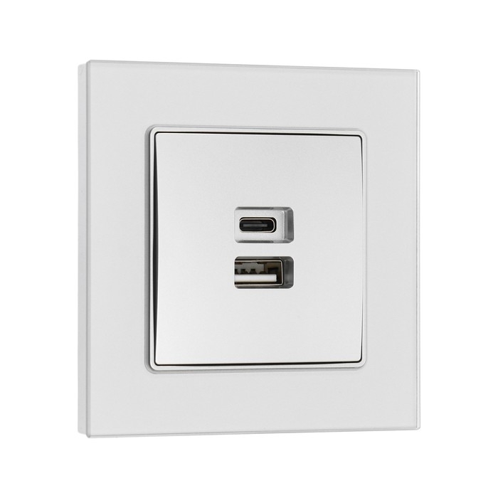 Розетка с USB-A + USB-C разъёмами, 2.1 A, 5В, TOT Glossy Glass, скрытая, стекло, серебристая   10439