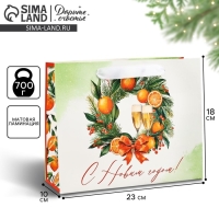 Пакет подарочный новогодний ламинированный &laquo;Новогодний венок&raquo;, мандарины, MS 18 х 23 х 10 см, Новый год