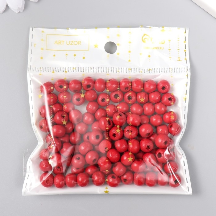 Бусины для творчества дерево "Яркий красный" d-0,8 см, набор 20 гр