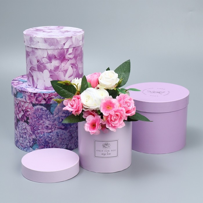 Набор шляпных коробок для цветов 4 в 1, упаковка подарочная, &laquo;Лаванда&raquo;, 14 х 13 см - 20 х 17,5 см