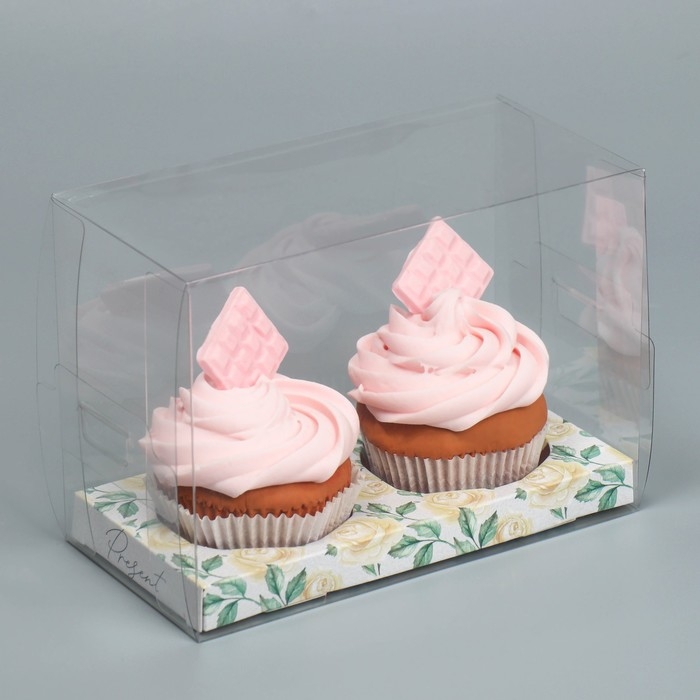 Коробка для капкейка, кондитерская упаковка, 2 ячейки &laquo;Розы&raquo;, 16 х 8 х 11.5 см