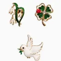 Броши "Голубь, клевер, подснежник" (набор 3шт), цветной в золоте
