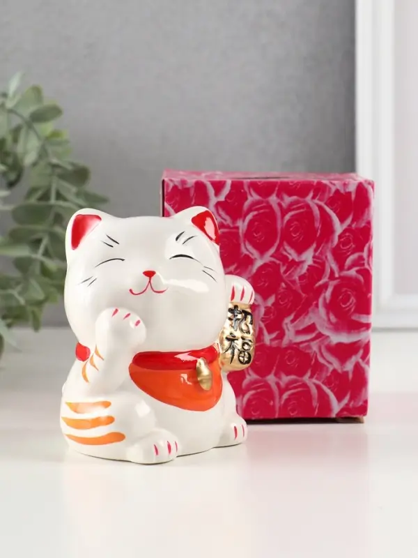 Копилка керамика "Манэки-нэко - иероглиф удача" оранж 7,2х8,3х10 см