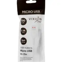 Кабель VIXION PRO VX-17m, USB  - micro USB, 2.1 А, 1 м, белый