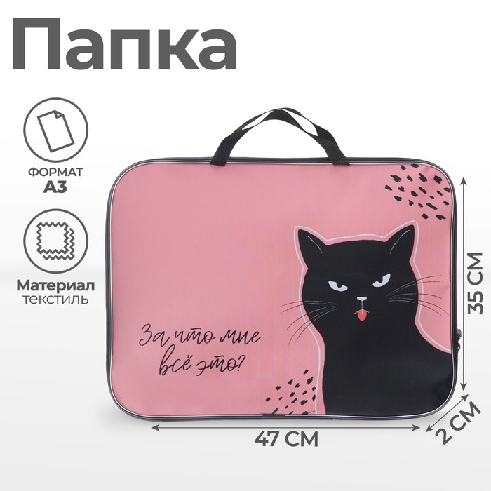 Папка для чертежей и рисунков А3, с ручками текстиль 20 мм, 470 х 350 мм Calligrata универсальный 600D &laquo;Котик&raquo;