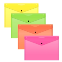Набор папок-конвертов на кнопке 4 штуки, А4, 180 мкм, Calligrata Neon, полупрозрачные, неоновый МИКС