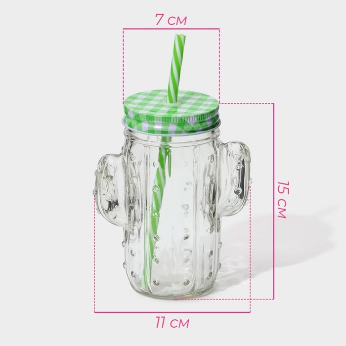 Кружка стеклянная с крышкой и трубочкой Доляна &laquo;Кактус&raquo;, 450 мл, 11&times;7&times;15 см
