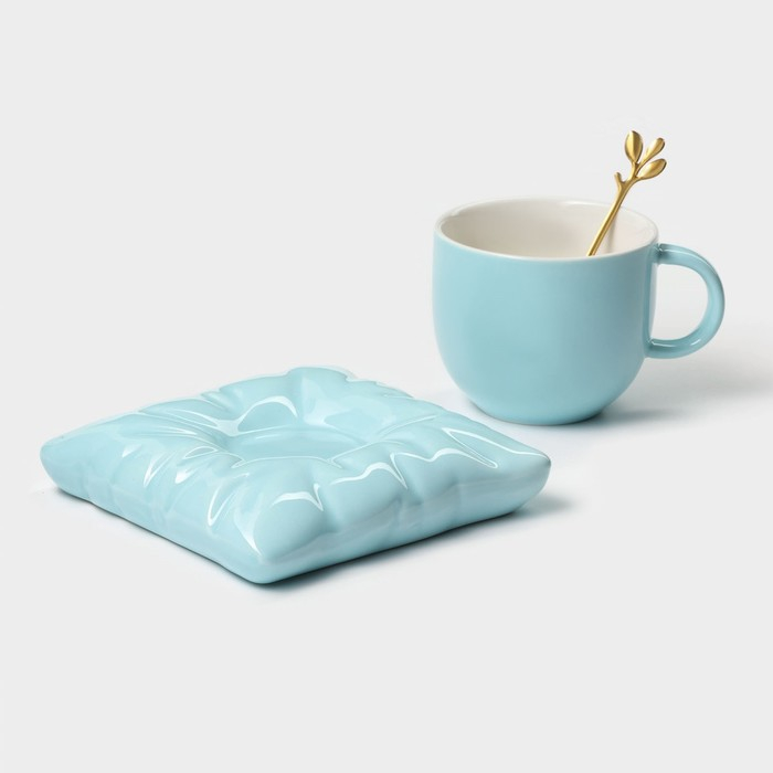 Чайная пара керамическая с ложкой &laquo;Зефирка&raquo;, 2 предмета: чашка 250 мл, блюдце d=13 см, цвет голубой