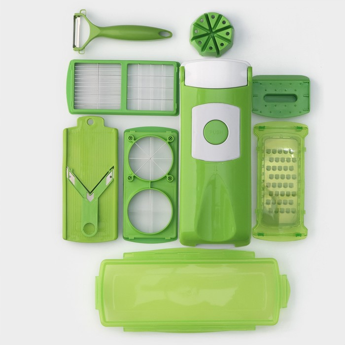 Тёрка с лотком Доляна &laquo;Фреш Флеш&raquo;, 7 насадок, 27&times;10&times;12 см, цвет зелёный, белый