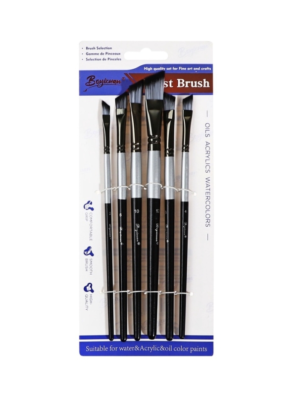 Набор кистей синтетика плоские 6 штук скошенные, черно-серые (№2,4,6,8,10,12)