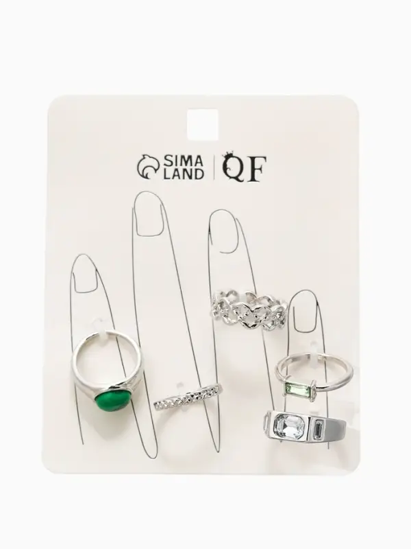 Набор колец 5 шт "Новый стиль" малахит, размер МИКС, цвет изумрудный в серебре