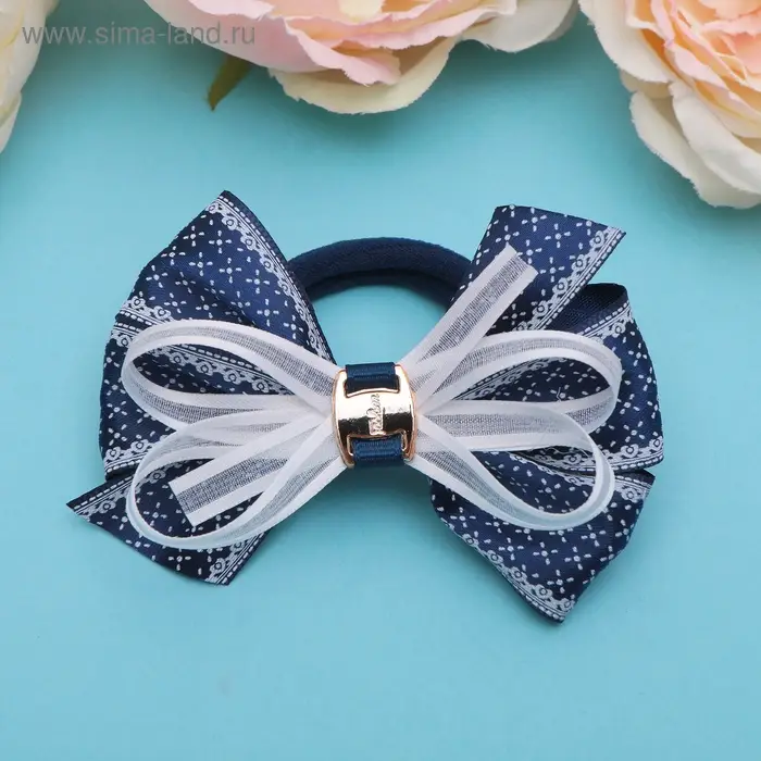 Резинка для волос &laquo;Школьница&raquo;, бант мелкий узор, 8 см, бело-синяя